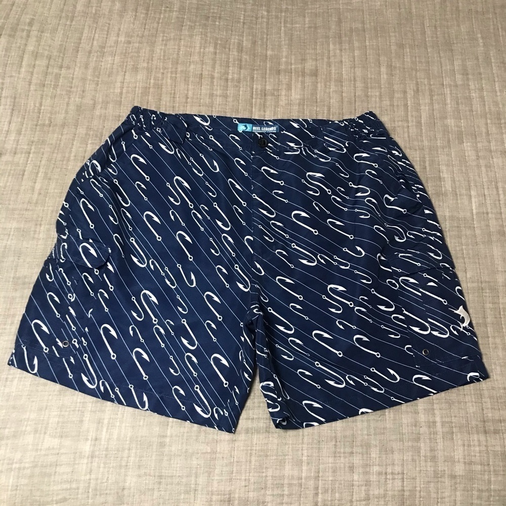 REEL LEGENDS / Men's Blue with White Fish Hook Print Fishing Shorts Size XL